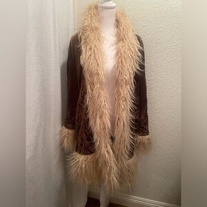Forever 21 Embroidered Velvet Coat with Faux Fur